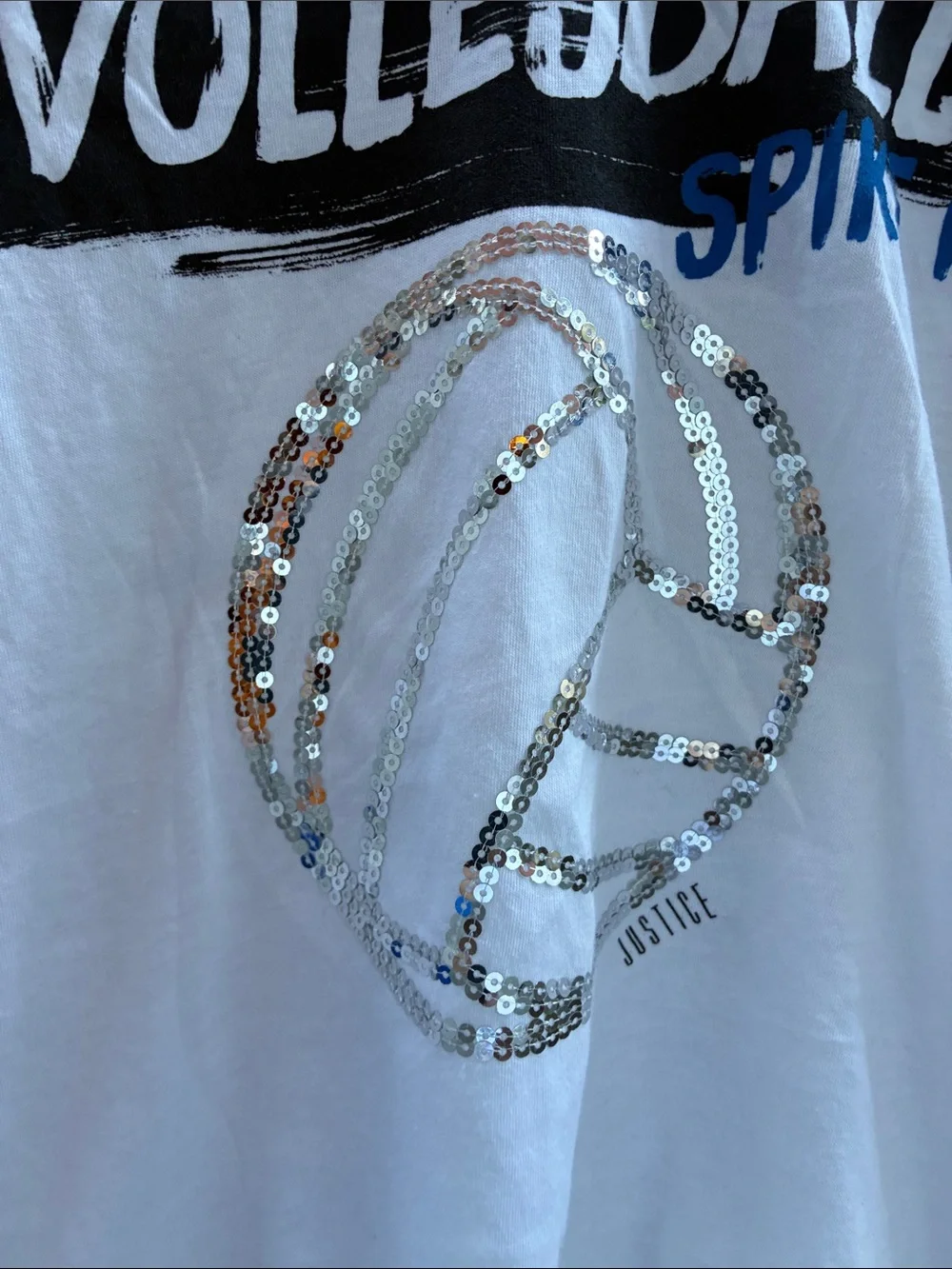 Kids Justice White Tee with Silver Sequin Volleyball Graphic Sz 12